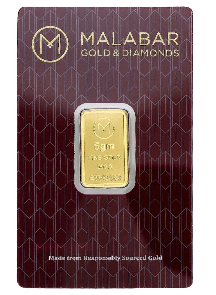 Malabar Gold and Diamonds 24K (999.9 Fineness) 5 Gram Pure Gold Bar - Image 1