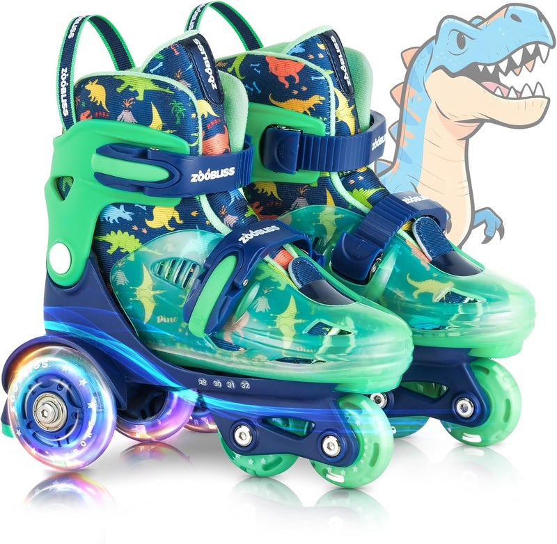 ZOOBLISS Kids Roller Skates for Beginners - Adjustable Toddler Skates with Light-Up Wheels (Dino Blue) - Image 1