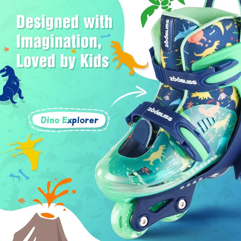 ZOOBLISS Kids Roller Skates for Beginners - Adjustable Toddler Skates with Light-Up Wheels (Dino Blue) - Image 2