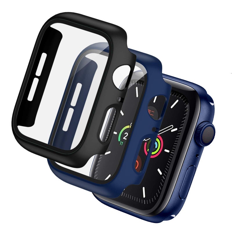 BHARVEST 2 Pack Hard PC Case Compatible with Apple Watch Series 3/2/1 42mm, Case with Tempered Glass Screen Protector Overall Bubble-Free Cover for iWatch Accessories, Black+Blue - Image 1