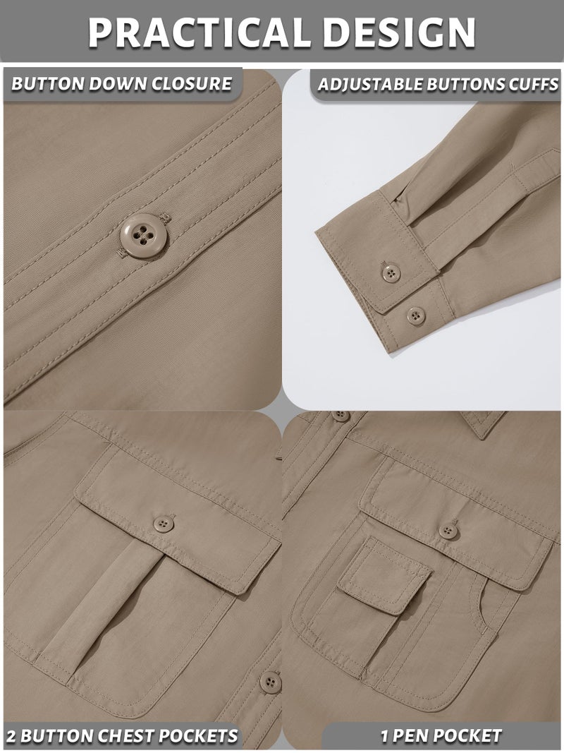 TACVASEN Men's Convertible Long Sleeve Fishing Shirts Tactical Work Shirts for Construction Cargo Collar Workwear Khaki, L - Image 4