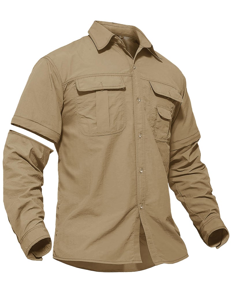 TACVASEN Men's Convertible Long Sleeve Fishing Shirts Tactical Work Shirts for Construction Cargo Collar Workwear Khaki, L - Image 1