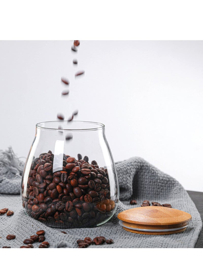 Excefore حافظة حاوية تخزين زجاجية شفافة، 400 مل/13 أونصة سائلة حاويات تخزين الطعام الزجاجية، بغطاء خشبي محكم، وعاء زdecorative دائري، للقهوة، التوابل، الحلوى، الملح، التوابل، الفلفل، السكر - Image 2