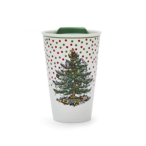 Spode Christmas Tree Travel Mug with Lid - 8 Oz Coffee Mug for Holiday Drinks, Dishwasher & Microwave Safe Ceramic Tumbler - Festive Christmas Design for On-The-Go (Polka Dot) - Image 1