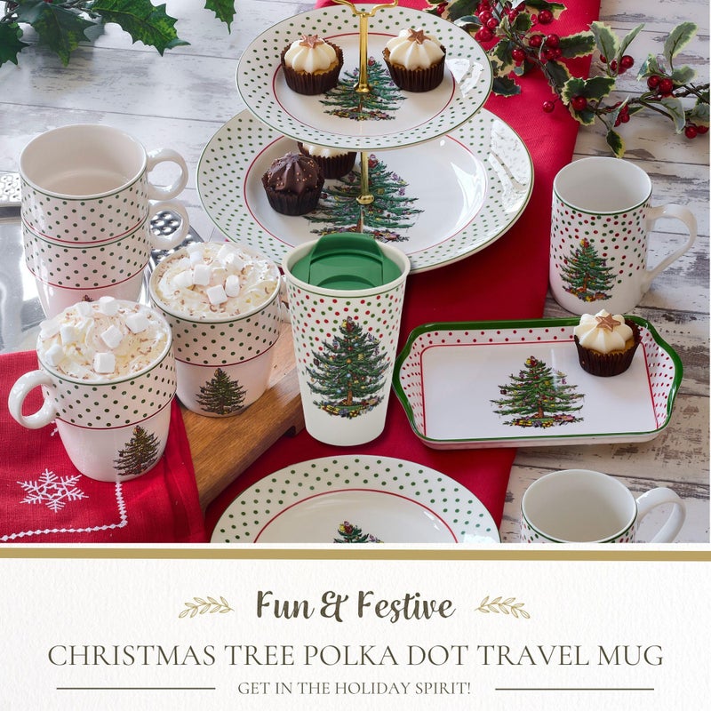 Spode Christmas Tree Travel Mug with Lid - 8 Oz Coffee Mug for Holiday Drinks, Dishwasher & Microwave Safe Ceramic Tumbler - Festive Christmas Design for On-The-Go (Polka Dot) - Image 2