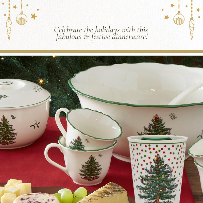 Spode Christmas Tree Travel Mug with Lid - 8 Oz Coffee Mug for Holiday Drinks, Dishwasher & Microwave Safe Ceramic Tumbler - Festive Christmas Design for On-The-Go (Polka Dot) - Image 5