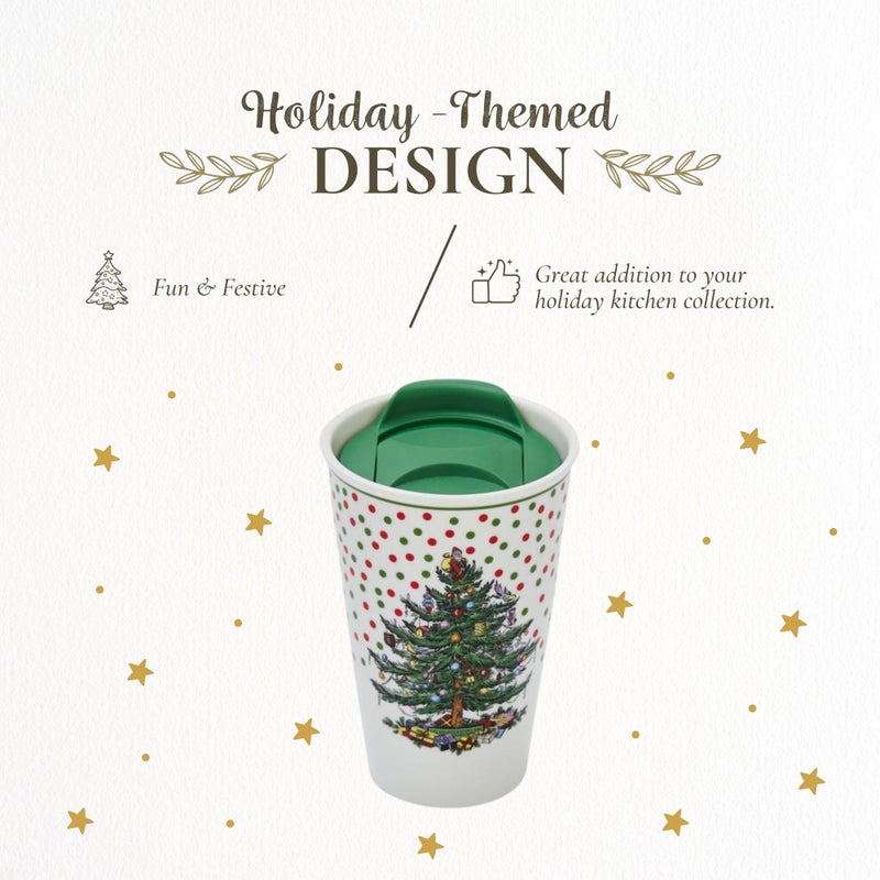 Spode Christmas Tree Travel Mug with Lid - 8 Oz Coffee Mug for Holiday Drinks, Dishwasher & Microwave Safe Ceramic Tumbler - Festive Christmas Design for On-The-Go (Polka Dot) - Image 3