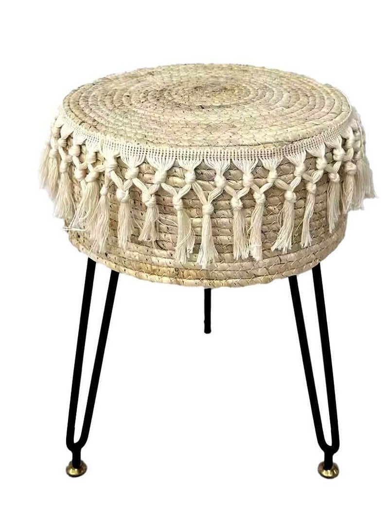 FFD Round Natural Seagrass Footstool - 32x45cm Beige Ottoman Pouf with Metal Legs, Versatile Vanity Stool for Living Room, Bedroom, Balcony  - Image 1