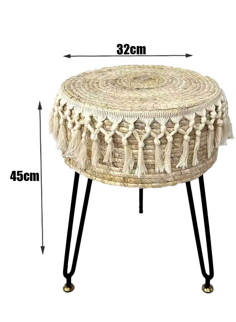 FFD Round Natural Seagrass Footstool - 32x45cm Beige Ottoman Pouf with Metal Legs, Versatile Vanity Stool for Living Room, Bedroom, Balcony  - Image 2
