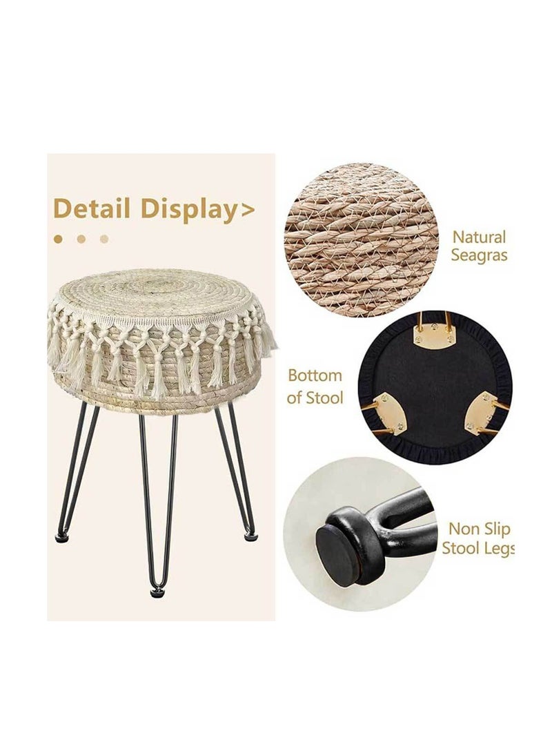 FFD Round Natural Seagrass Footstool - 32x45cm Beige Ottoman Pouf with Metal Legs, Versatile Vanity Stool for Living Room, Bedroom, Balcony  - Image 3