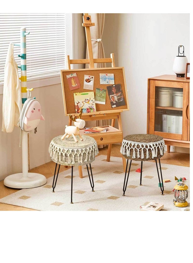 FFD Round Natural Seagrass Footstool - 32x45cm Beige Ottoman Pouf with Metal Legs, Versatile Vanity Stool for Living Room, Bedroom, Balcony  - Image 5