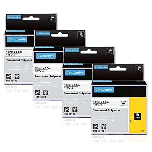 Aonomi 18483 a18483 Replace for Dymo 18483 Rhino Industrial Permanent Polyester Labels 1/2-Inch X 18 Ft Black on White Compatible with DYMO Industrial Rhino 4200 5200 5000 6000 Label Maker, 4-Pack - Image 1
