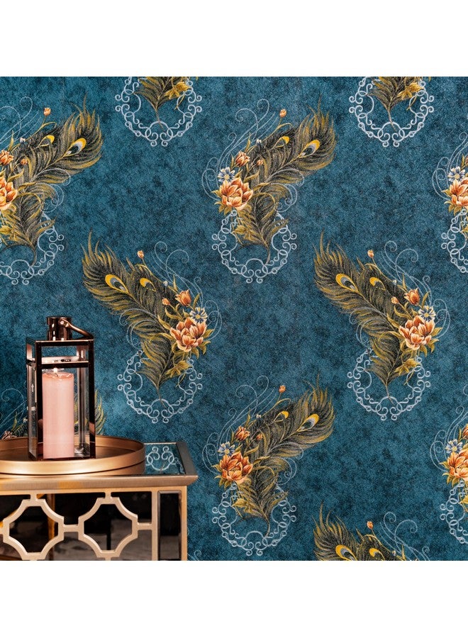 وولبين ورق حائط wolpin غير منسوج وغير لاصق 53 سم × 9.5 متر (± 3%) تصميم زهور ريش الطاووس مع نسيج لامع، أزرق 54.18 قدم مربع - Image 3