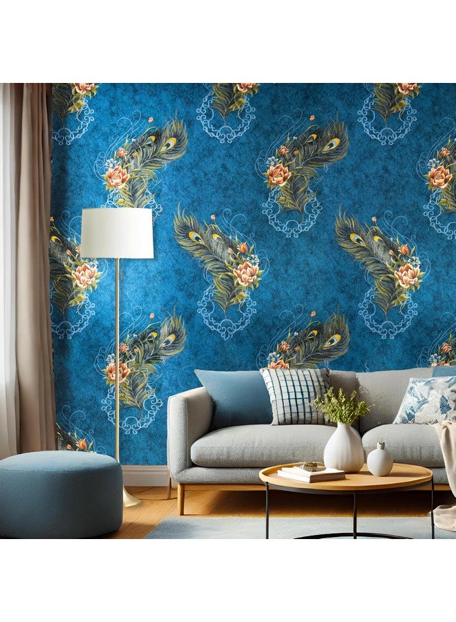 وولبين ورق حائط wolpin غير منسوج وغير لاصق 53 سم × 9.5 متر (± 3%) تصميم زهور ريش الطاووس مع نسيج لامع، أزرق 54.18 قدم مربع - Image 2