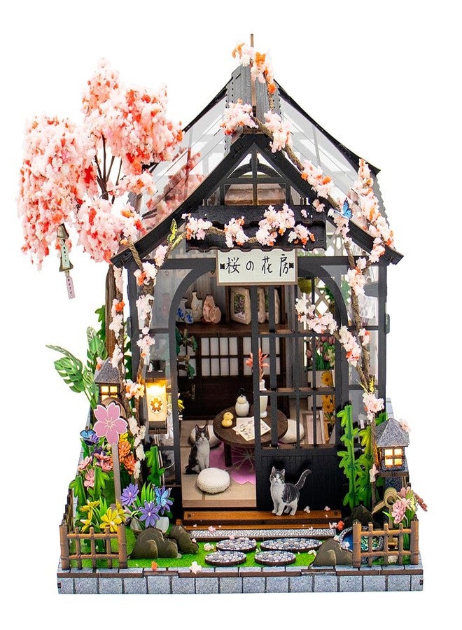 TOPBSFARNY Miniature Wooden Dollhouse Japanese Sakura Greenhouse House DIY Doll House Kit Villa Building 3D Model Creative Gifts for Friend and Parents (Without Dust Cover) - Image 1