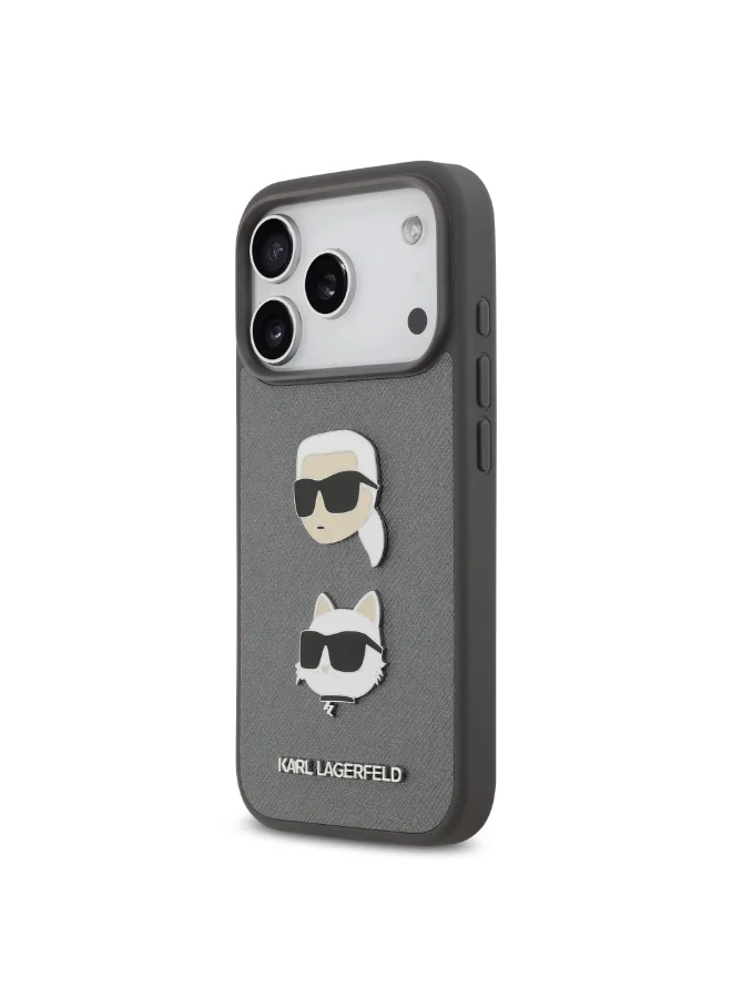 Karl Lagerfeld Saffiano PU Hard Case for iPhone 18 Pro Max with Karl & Choupette Head Pins and Embossed Logo
