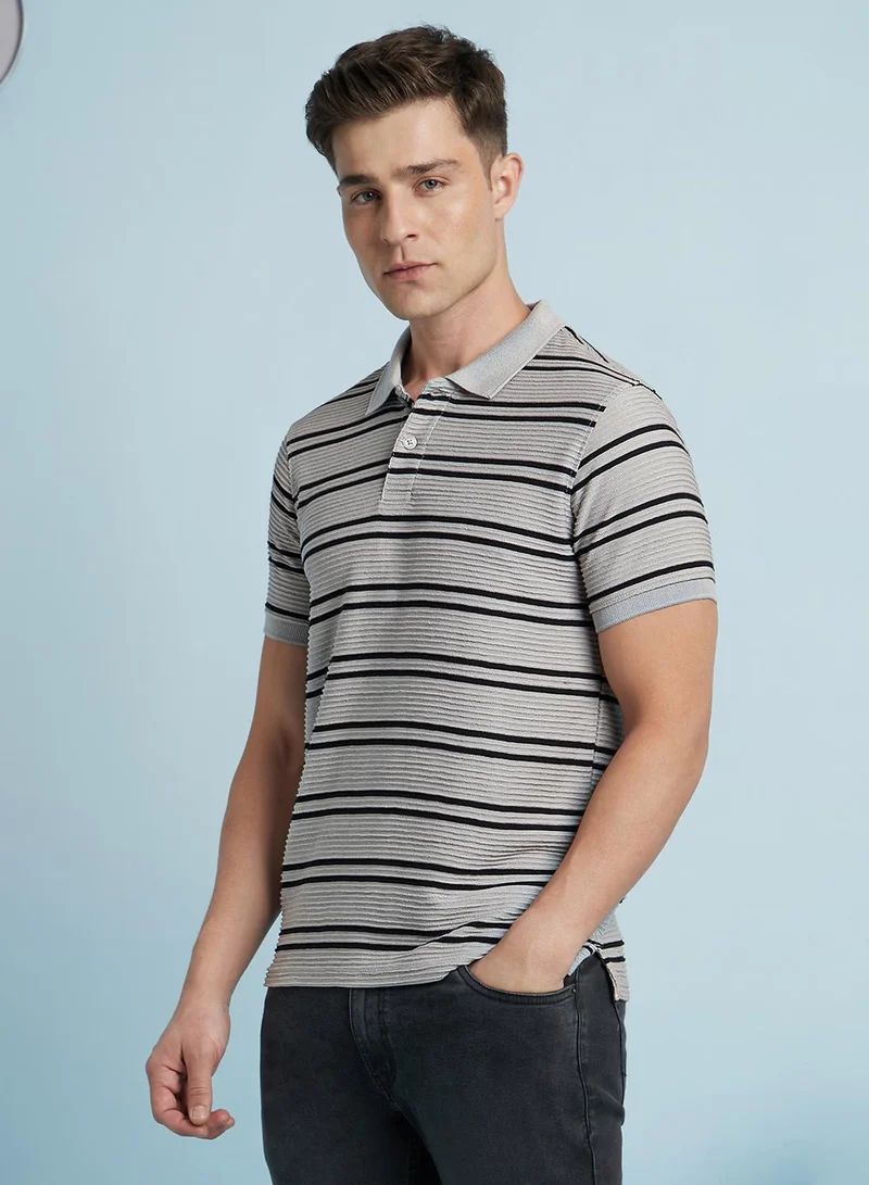 Dennis Lingo Stone And Black Men's Stone And Black Cotton Blend Striped Regular Fit T-Shirt for Men | Best Price UAE