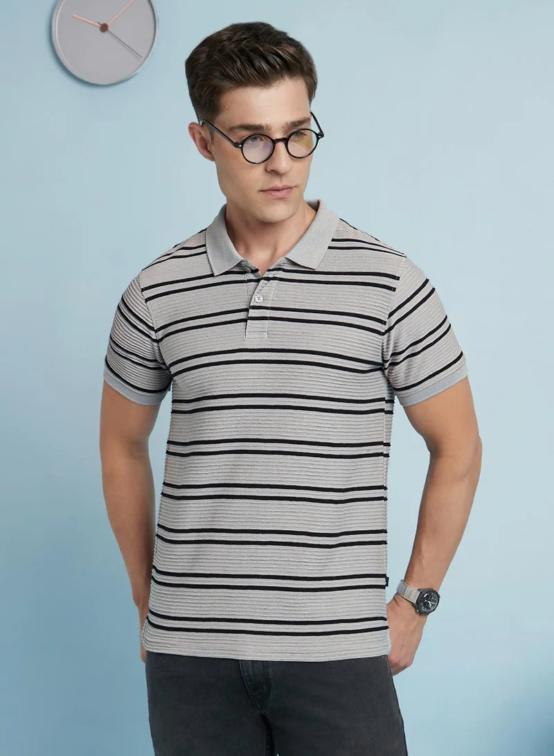 Men's Stone And Black Cotton Blend Striped Regular Fit T-Shirt