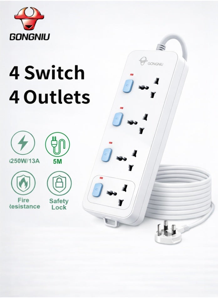 غونغنيو سلك تمديد كهربائي متعدد المنافذ بطول 5 أمتار مزود بأربعة مقابس عالمية، ومفاتيح تشغيل فردية، وفتحات تعليق، مناسب للاستخدام المنزلي والمكتبي. - Image 1