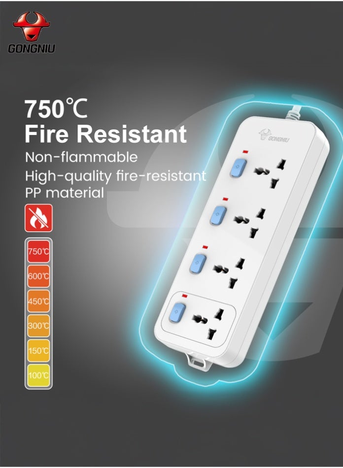 غونغنيو سلك تمديد كهربائي متعدد المنافذ بطول 5 أمتار مزود بأربعة مقابس عالمية، ومفاتيح تشغيل فردية، وفتحات تعليق، مناسب للاستخدام المنزلي والمكتبي. - Image 4