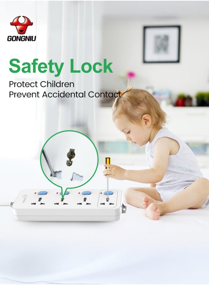 غونغنيو سلك تمديد كهربائي متعدد المنافذ بطول 5 أمتار مزود بأربعة مقابس عالمية، ومفاتيح تشغيل فردية، وفتحات تعليق، مناسب للاستخدام المنزلي والمكتبي. - Image 5