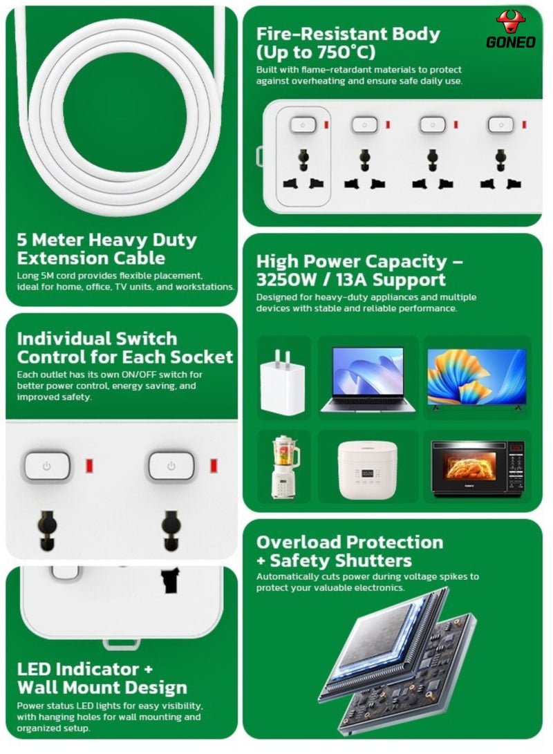 GONEO 4-Way Multi Plug Power Extension Cord 5M with 4 Universal Sockets, Individual Switches, Hanging Holes, Power Strip Extension Lead for Home & Office - Image 5