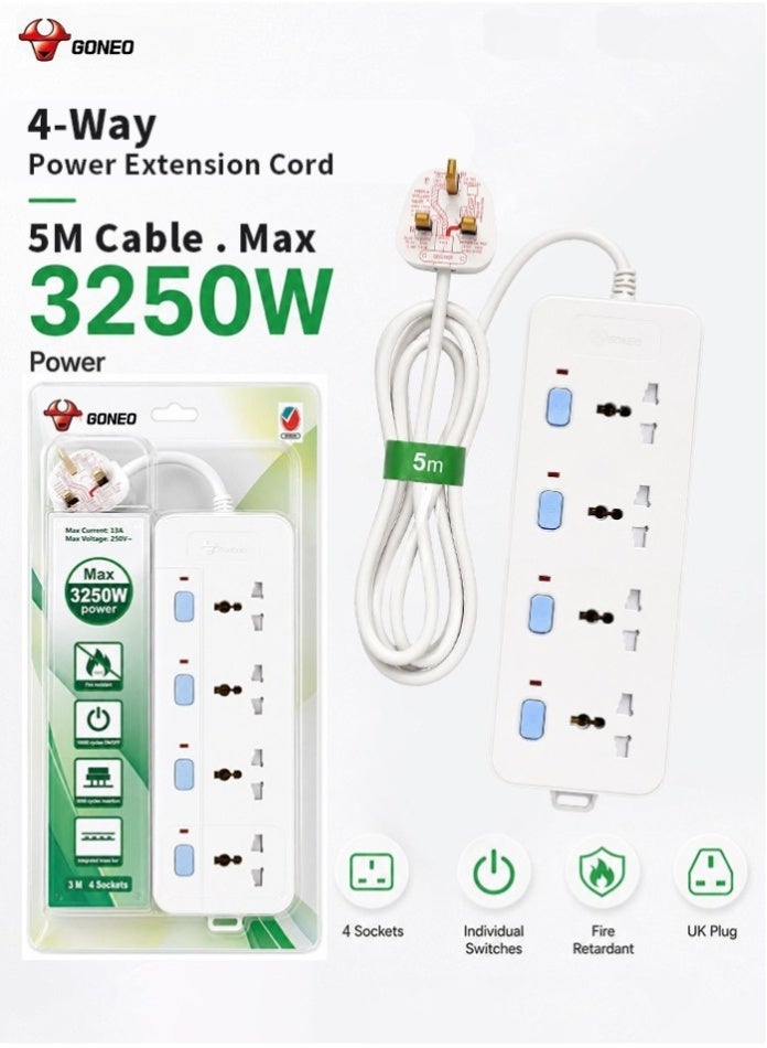 GONEO 4-Way Universal Power Extension Cord with Individual Switches, 5M, 13A 3250W Overload Power Strip, Child Safety Shutter, Fire-Resistant , Wall Mounted ECAS Certified Safety Standard, UK Plug - Ideal for Home & Office - Image 1
