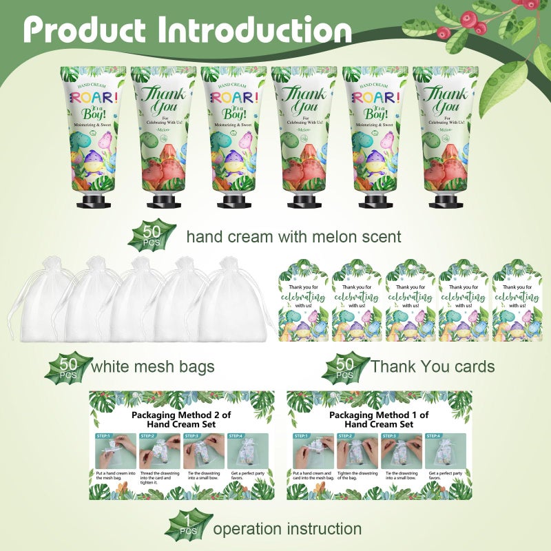 KONEUK 50 Pack Bulk Hand Cream Gifts Sets, Baby Shower Favors and Wedding Welcome Bag Stuffers for Guests with Thank You Card and Organza Gift Bags, Appreciation Gifts, Bridal Shower Favors (Dinosaur) - Image 2