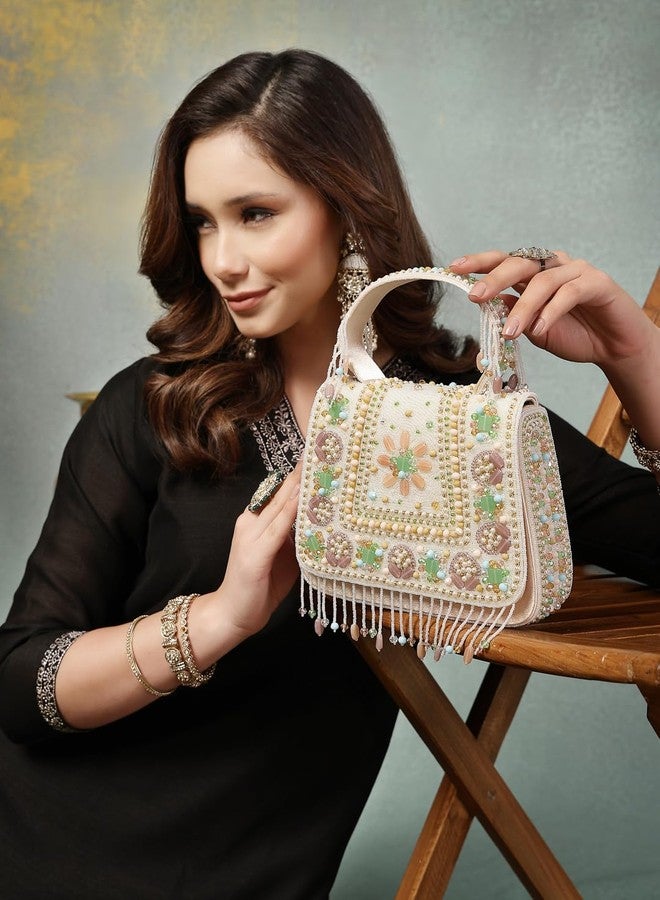 Anekaant Blush & Bead Ivory Tasselled Clutch Sling Bag For Ladies | Perfect for Parties & Weddings - Image 2