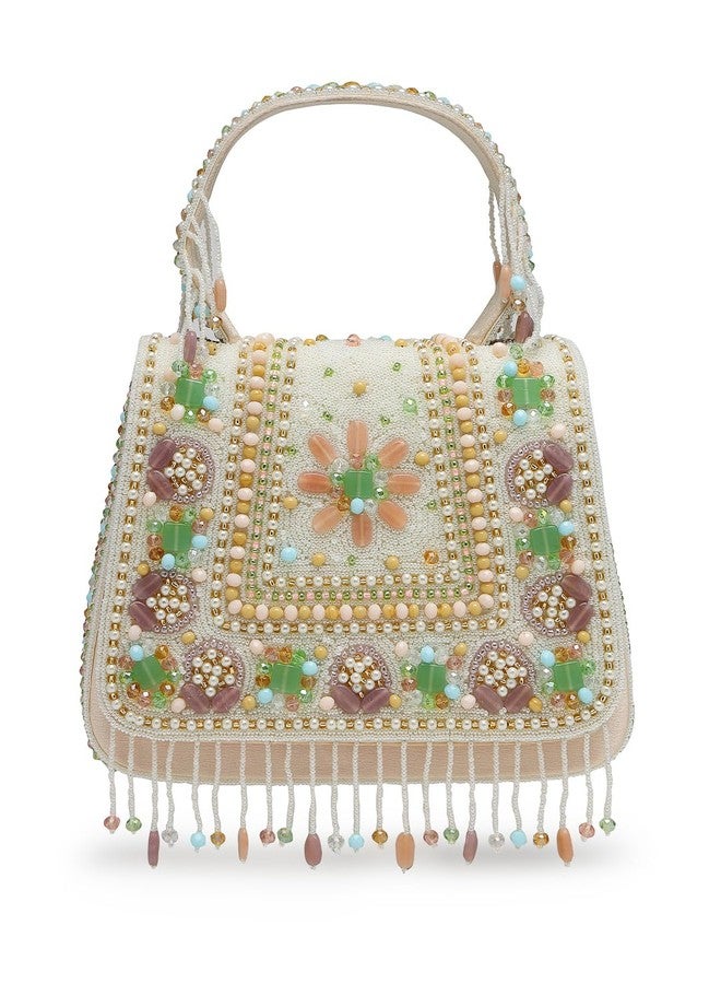 Anekaant Blush & Bead Ivory Tasselled Clutch Sling Bag For Ladies | Perfect for Parties & Weddings - Image 1