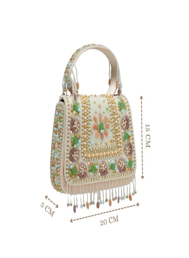 Anekaant Blush & Bead Ivory Tasselled Clutch Sling Bag For Ladies | Perfect for Parties & Weddings - Image 5