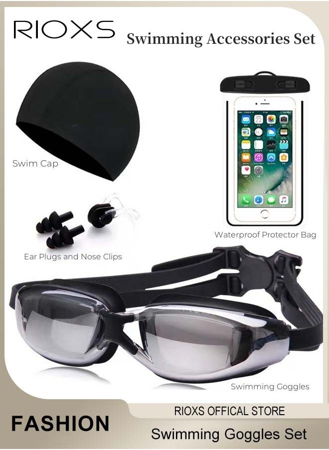 RIOXS Adult Swimming Goggles with Ear Plugs Swim Cap and Nose Clips Polarized Open Water Goggles Swimming Anti Fog UV Protection No Leakage Clear Vision Easy to Adjust for Men Women Teenagers  - Image 1