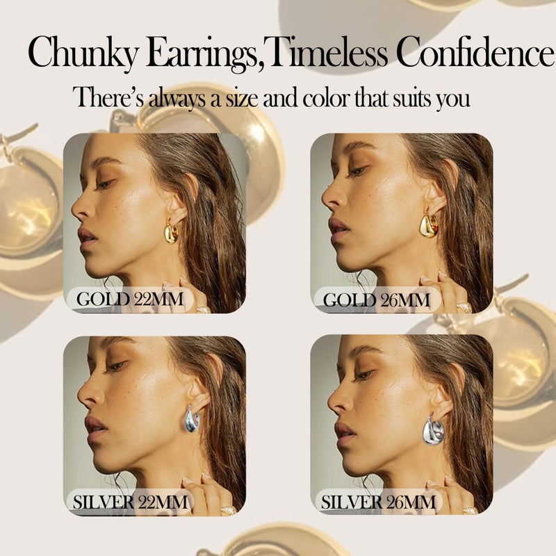 OOOPEL Gold Hoop Earrings for Women,14K Gold Plated Thick Hoop Earrings Hypoallergenic Lightweight Small Chunky Hoops Earrings for Women 22mm 26mm - Image 5