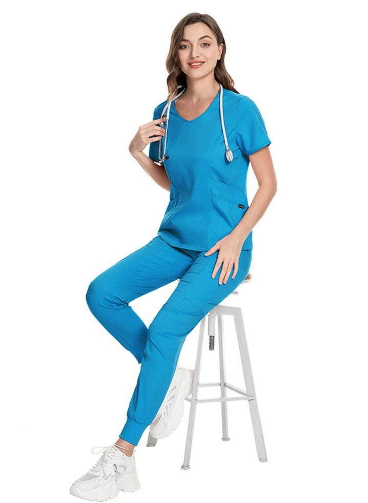 Loquat Medical Uniform Scrubs 2 Piece Set V-Neck Top and Elastic Waist Jogger Pants Suit Blue - Image 1