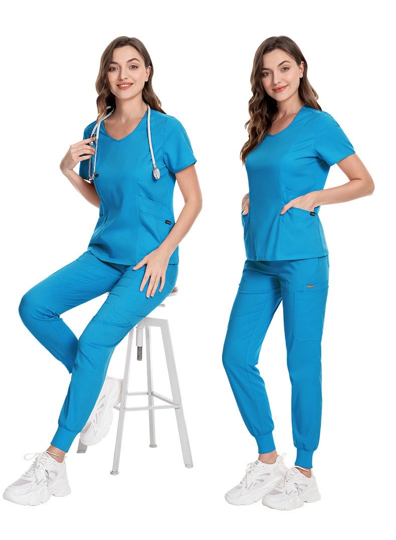 Loquat Medical Uniform Scrubs 2 Piece Set V-Neck Top and Elastic Waist Jogger Pants Suit Blue - Image 2
