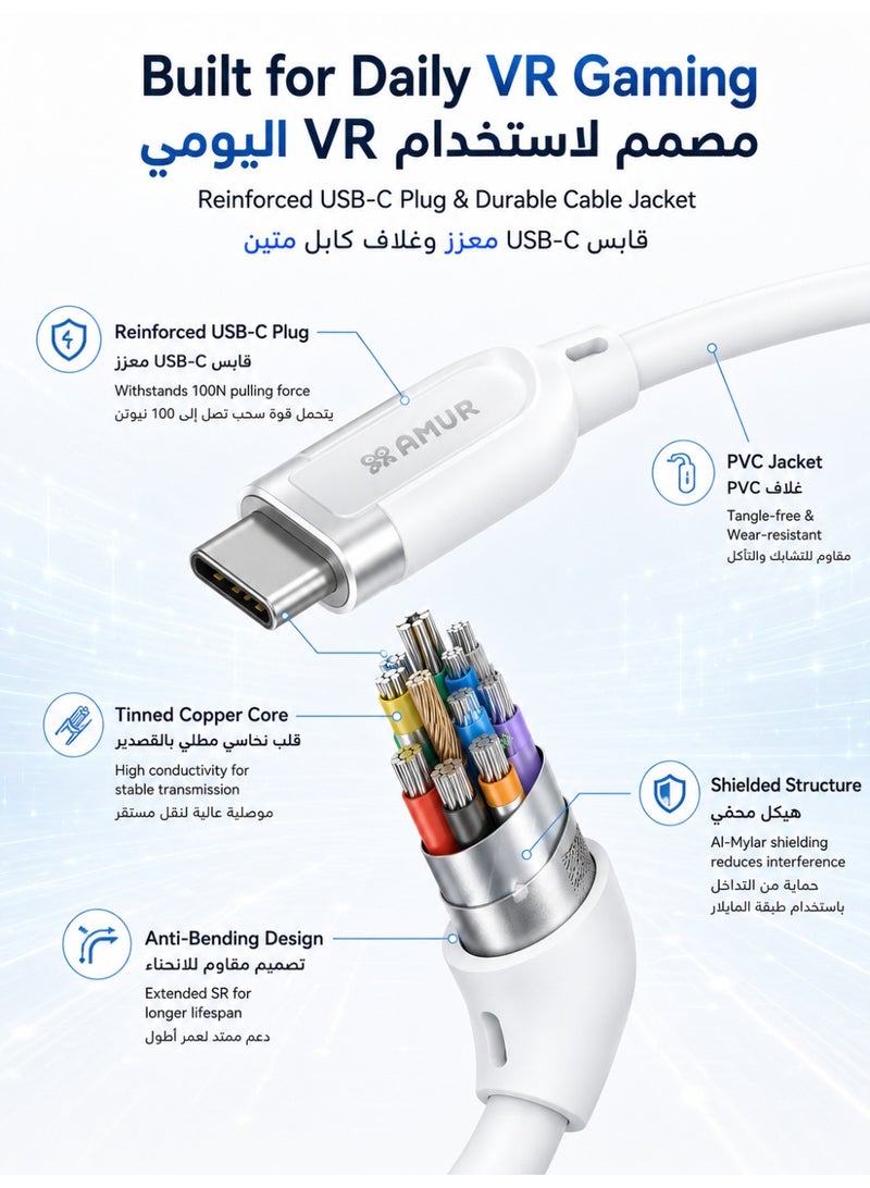 AMVR Meta Quest 3 Link Cable 16FT (5M) Fast Charging VR Cable Compatible with Meta Quest 3/3S/2 & Pico 4, USB 3.0 5Gbps PCVR SteamVR Cable with Separate Charging Port, Play While Charging - Image 5