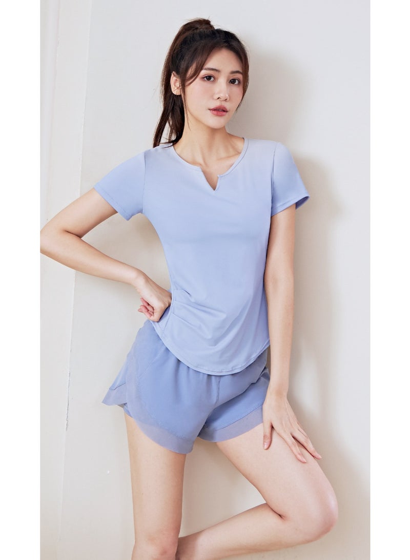 Summer V-neck Yoga Sports Short-sleeved Stretch Fitness Nude Short-sleeved Solid Color Thin Shaping Pleated Women's T-shirt - Image 2