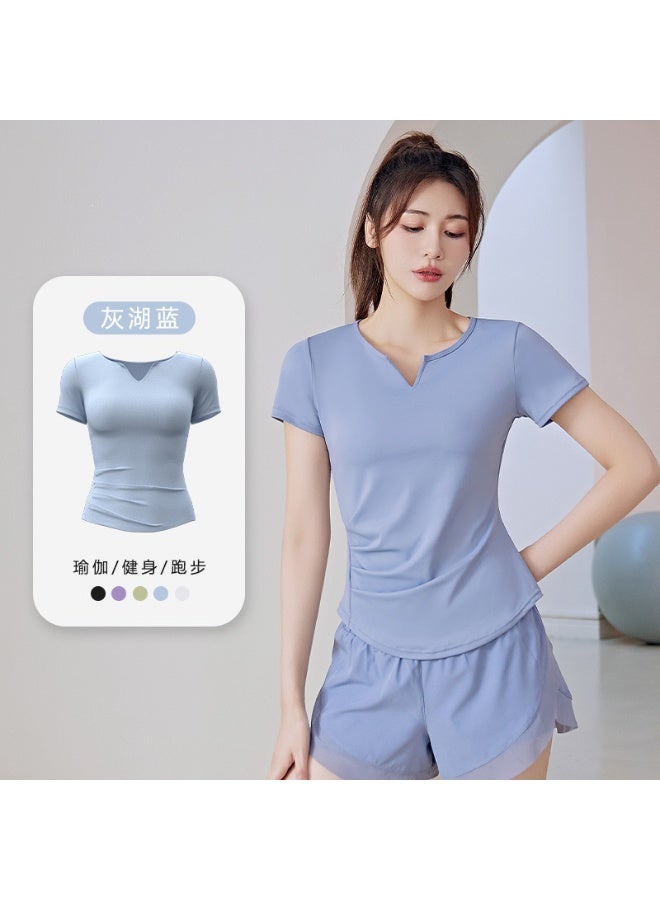 Summer V-neck Yoga Sports Short-sleeved Stretch Fitness Nude Short-sleeved Solid Color Thin Shaping Pleated Women's T-shirt - Image 1