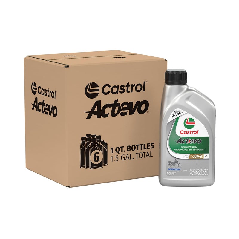 Castrol Actevo 4T 20W-50 Synthetic Blend Motorcycle Oil, 1 Quart, Pack of 6 - Image 1