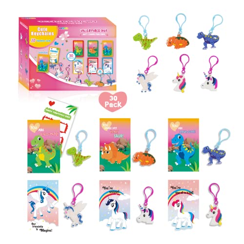 Gocozer Valentines Day Gifts for Kids 30 Pack Unicorn Dinosaur Keychains with Valentines Greeting Cards for Classroom Valentines Exchange Gifts ideas Preschool Valentine Gifts favors - Image 1