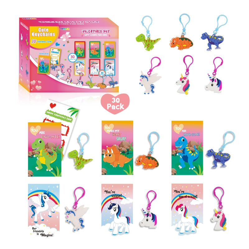 Gocozer Valentines Day Gifts for Kids 30 Pack Unicorn Dinosaur Keychains with Valentines Greeting Cards for Classroom Valentines Exchange Gifts ideas Preschool Valentine Gifts favors - Image 2