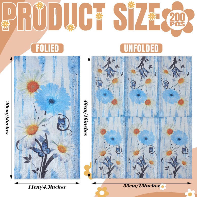 Karenhi 200 Pcs Blue Floral Napkins 2 Ply Daisy Disposable Hand Towels for Bathroom Flower Disposable Napkins Summer Decorative Disposable Napkins Paper Hand Towel for Baby Shower Birthday Party - Image 1