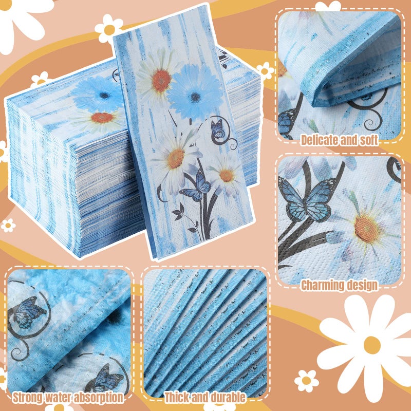Karenhi 200 Pcs Blue Floral Napkins 2 Ply Daisy Disposable Hand Towels for Bathroom Flower Disposable Napkins Summer Decorative Disposable Napkins Paper Hand Towel for Baby Shower Birthday Party - Image 3