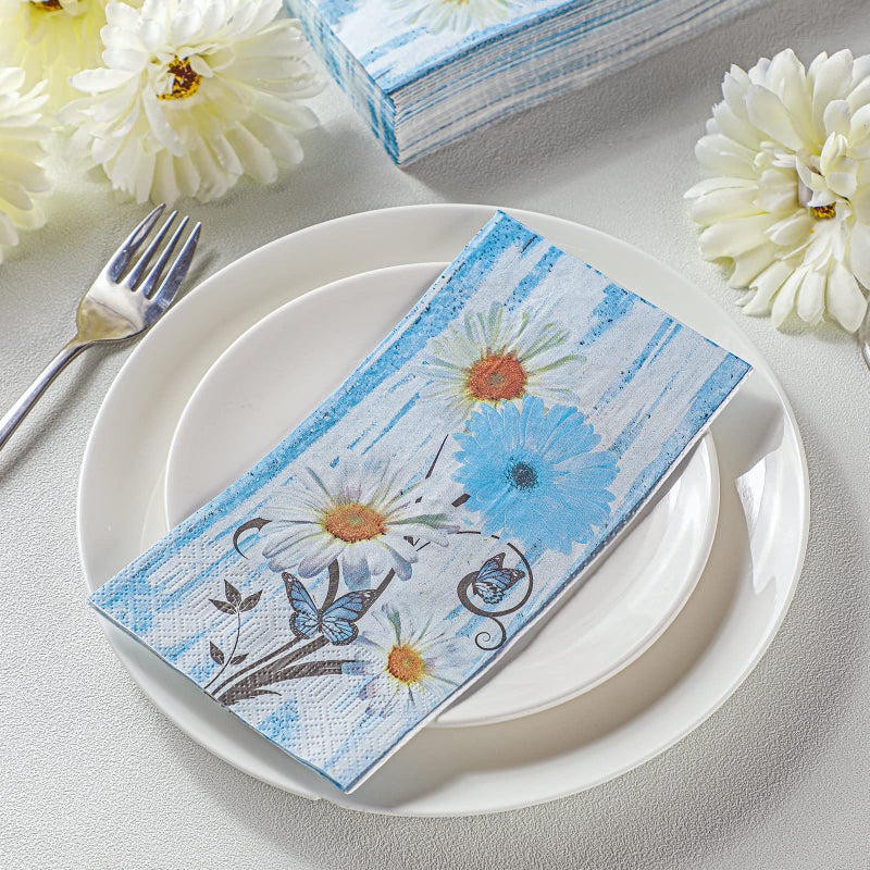 Karenhi 200 Pcs Blue Floral Napkins 2 Ply Daisy Disposable Hand Towels for Bathroom Flower Disposable Napkins Summer Decorative Disposable Napkins Paper Hand Towel for Baby Shower Birthday Party - Image 2