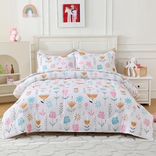 CIMVI Kids Comforter Sets for Girls Floral Twin Bedding Set Cute Flower Bed Sets with Pillowcase Bed in A Bag Children Bedroom Decor Soft Lightweight for All Season Durable Machine Washable - Image 1