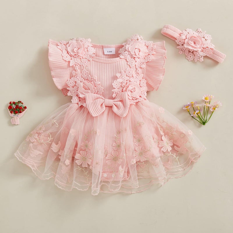 Douhoow Baby Girl Romper Dress Baby Dress Romper Flowers Lace Infant Girl Spring Summer Clothes with Headband (Pink, 0-3 Months) - Image 2