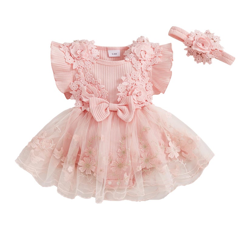 Douhoow Baby Girl Romper Dress Baby Dress Romper Flowers Lace Infant Girl Spring Summer Clothes with Headband (Pink, 0-3 Months) - Image 1