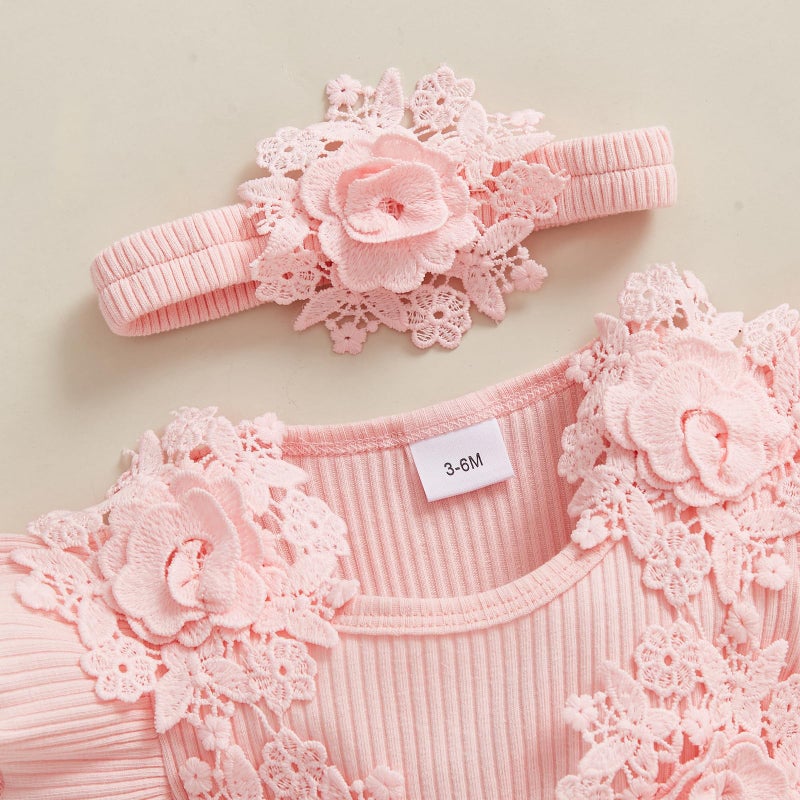 Douhoow Baby Girl Romper Dress Baby Dress Romper Flowers Lace Infant Girl Spring Summer Clothes with Headband (Pink, 0-3 Months) - Image 5