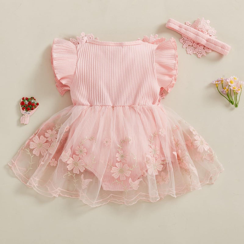 Douhoow Baby Girl Romper Dress Baby Dress Romper Flowers Lace Infant Girl Spring Summer Clothes with Headband (Pink, 0-3 Months) - Image 4