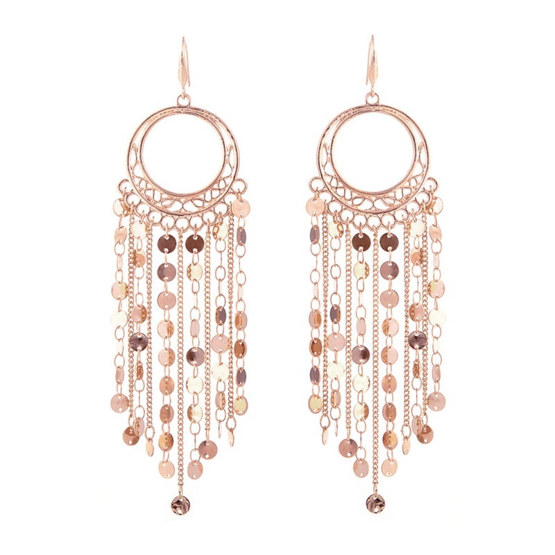 NTLX Bohemian Boho Tassel Dangle Drop Earrings for Women â€“ Lightweight Filigree Gypsy Coin Chandelier Disc Charm Hoops â€“ included Gift Box (Round - Rose Gold) - Image 1